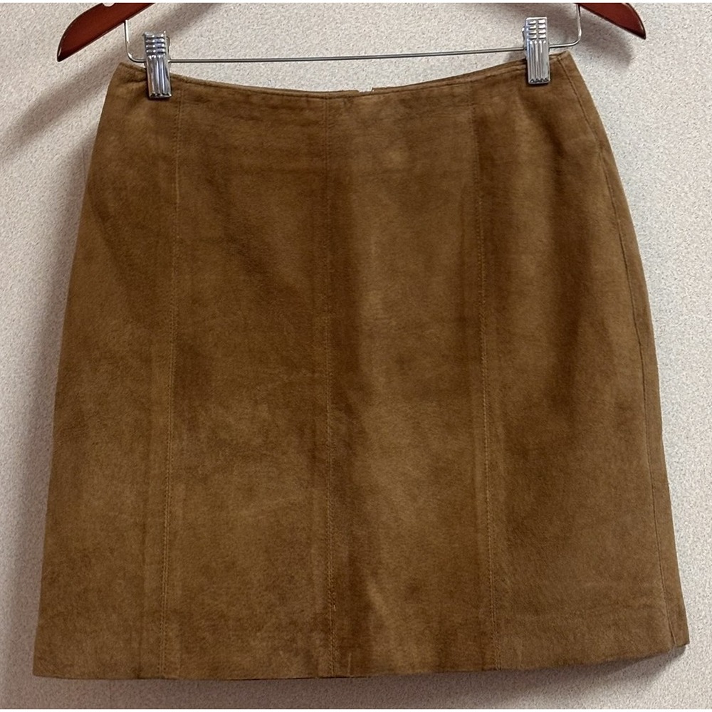 Hugo Buscati Suede Mini Skirt 10 Caramel A-Line Quiet Luxury Dark Academia